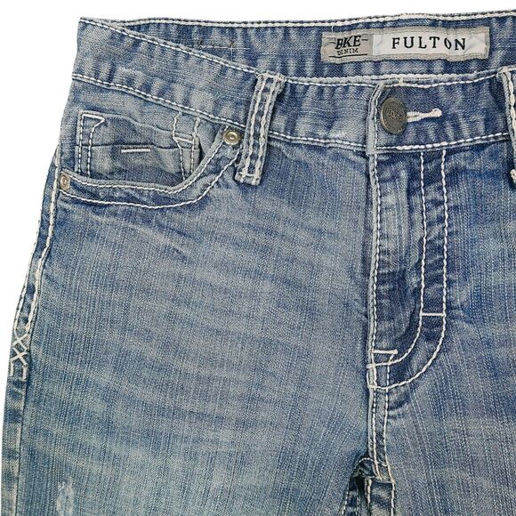 BKE Fulton Mens 31R Denim Blue Jeans Bootcut Medium Wash Thick Stitch Cowboy - Picture 5 of 16